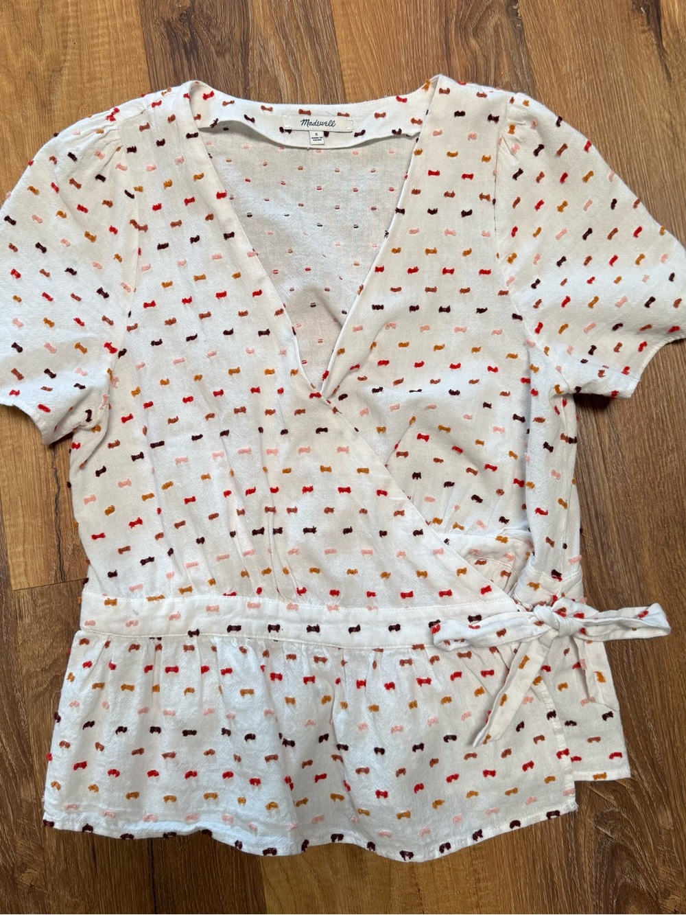 Madewell Cream Blouse with Red, Orange & Brown Dot Pattern